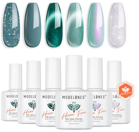 Modelones Green Gel Nail Polish Set, 6 Colors Holographic 9D Cat Eye Glitter Gel Polish White Green Nail Polish with Magnet Soak Off Led Manicure Nail Art DIY Gifts