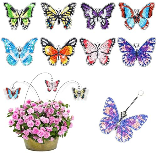 WALLFID Diamond Art Butterfly Kit With Crystal Pendant - Adult and Kids Set, Flower Pot Decoration Stake, Bookmark Gift for Craft Lovers