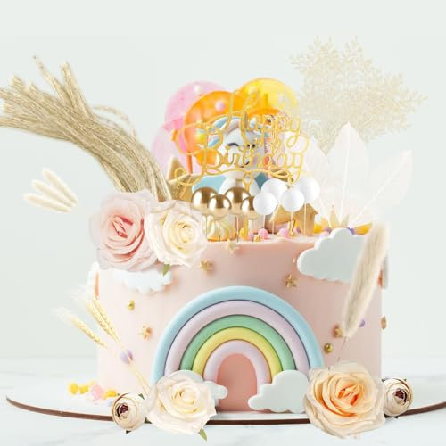 31 PCS Boho Cake Decorations, Dried Flower Cake Decorations with Artificial Rose Leaves Palm Fan Natural Pampas Grass, Cake Toppers Set with Cake Balls for Wedding Birthday Party Home Decor