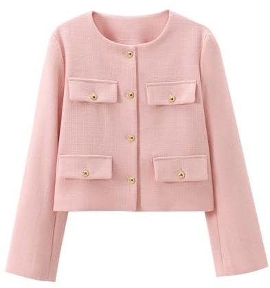 Suncadmious Giacca da Donna in Tweed Ritagliato Senza Colletto Manica Lunga Button Down Giacca Blazer da Ufficio con Tasche (Rosa,M)
