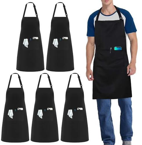 zvzvrog 5 Pack Black Chef Apron, Adjustable Bib Kitchen Aprons with 3 Pockets for Men Women, Suitable for Catering Cooking Baking Gardening Painting BBQ Restaurant Coffee House Professional Work