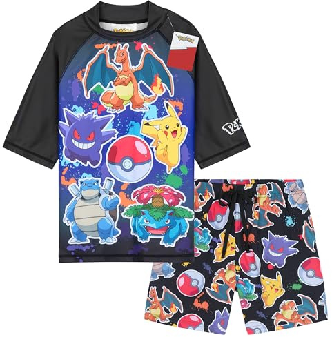 Get Trend Pokemon Costume Piscina Bambino Ragazzi 2 Pz Costumi Mare Pantaloncini da Bagno e Maglietta per Nuoto Spiaggia Viaggio (5-6 Anni, Multi Pokemon)