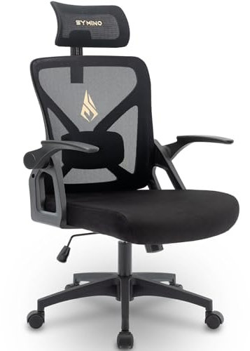 Symino Bürostuhl, Schreibtischstuhl, Drehstuhl Ergonomischer mit Verstellbarer Kopfstütze, Armlehnen, Lordosenstütze, drehbare Wippfunktion, Netzstuhl, rückenschonend, Bürostuhl 150kg, Schwarz