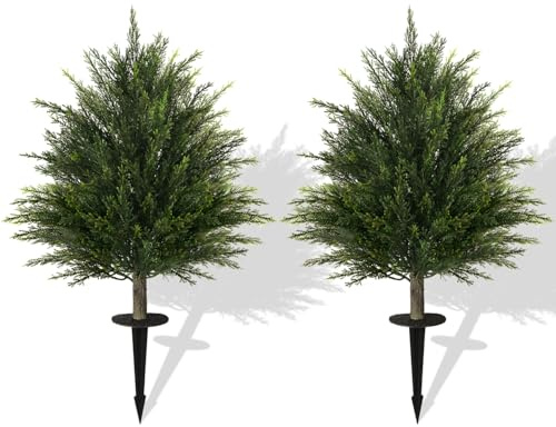 2 Stück Kunstpflanze Zeder Künstliche Pflanzen mit Erdspieß Formschnittbäume Zypressen Baum Outdoor UV Geschützt für Haus Wohnzimmer Garten Veranda Dekoration