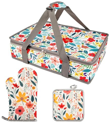 Pioneer Woman Insulated Casserole Carriers for Hot or Cold Food+Oven Mitts and Pot Holders Sets,Oven Gloves+Hot Pads.Pioneer Woman Kitchen Stuff.Pioneer Woman Kitchen Accessories,Gifts for Women (3)
