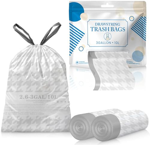 OKKEAI Sac Poubelle 10L, 90 Sacs Poubelle Blanc 45x50cm, Prédécoupés, Sans Déchirure, avec Lien Coulissant, Résistants et Étanches - Sac Poubelle Salle de Bain, Cuisine, Salon