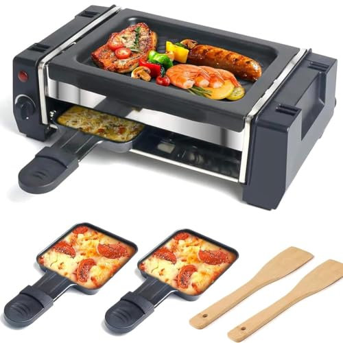 Raclette Grill Electric Griddle - Non-Stick Indoor Grill Machine with 2 Cheese Pans & Wooden Spatulas, Adjustable Temperature Control for BBQ, Family & Party Cooking