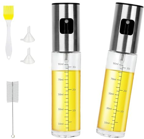 YUNYU Paquete de 2 botellas de spray de aceite (100 ml) – Pulverizador de vidrio de oliva para cocinar, freidora de aire y barbacoa – Dispensador de aceite de cocina a prueba de fugas con embudo