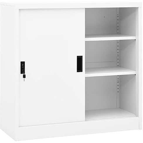 Armadio da ufficio con porta scorrevole, armadietto da ufficio con serratura, armadietto in metallo, adatto per ufficio, archivi, scuole, bianco, 90 x 40 x 90 cm