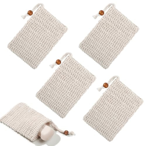 5 Stück Seifensäckchen Bio, Natürliches Sisal Seifenbeutel, Seifensäckchen | für Feste Seife, Sicherer und Langlebiger Sisalfaser Seifensäckchen, Kordelzug Massage Seifensack, für Feste Seife Mesh