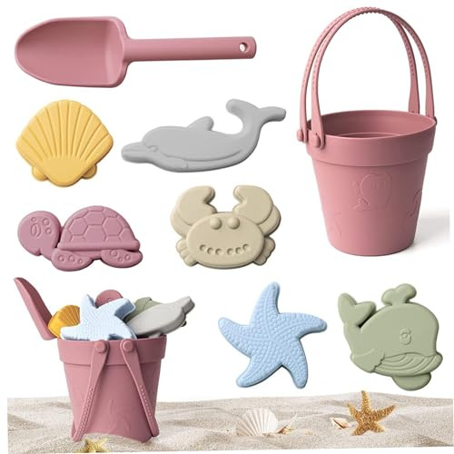 11 Stcs/Set Sandspielzeug mit farbenfrohen Silikon-Strandspielzeug mit Maschenbeutel, gehören Schaufel, Eimer, Sandformen und zufällige Autos wasserdichte Kiste für den Sommer im Freien im Freien