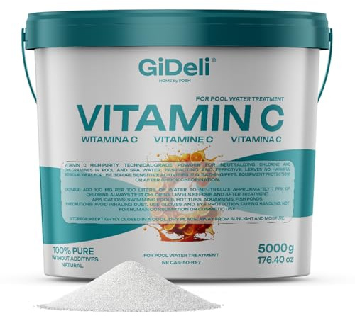 GiDeli Polvo de vitamina C, 5 kg, técnicamente altamente pureza, para neutralización del cloro, para piscina, spa, jacuzzi, acuario, agua de estanque