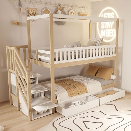 Letto a castello per bambini, 90 x 200 cm, letto matrimoniale in legno massello a forma di casa, design a griglia di sicurezza, con ripiani e scala di sicurezza, colore bianco e originale, per ragazzi