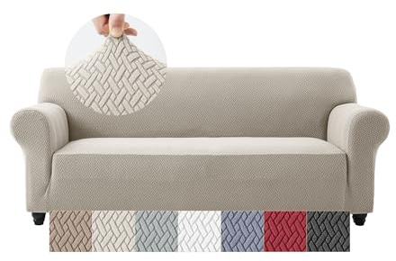 Moonlight Bedding High Stretch Sofa Cover 3 Seater – Spandex Elastic Fit Sofa Slipcovers, Soft Washable Furniture Protector for Pets/Kids/Dogs, Non Slip Couch Covers Beige (Fits 72–91)