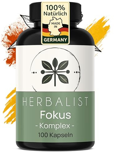 Herbalist Fokus Komplex – Konzentration steigern & verbessern, 100 natürliche Kapseln mit Koffein, Ginseng, Rhodiola, Brahmi, Ginkgo & L-Tyrosin, laborgeprüft, ohne Zusätze