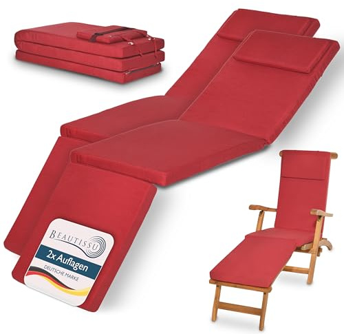 Beautissu 2er Set Luxus Deckchair Auflage Sonnenliege mit Bezug Abnehmbar | 175x45x5cm Rot Polsterauflage für Liegestuhl Gartenliege Polster Liegenauflage Gartenmöbel Kissen waschbar dick LoftLux DC