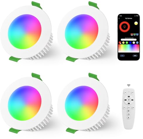 YindaLux Bluetooth LED Einbaustrahler Dimmbar 230V RGB 2700K-6500K 65-80mm | 5W 500LM Deckenspots IP44 Möbeleinbauleuchte mit App & Fernbedienung LED Spots Warm bis Kaltweiss für Wohnzimmer 4er Weiß
