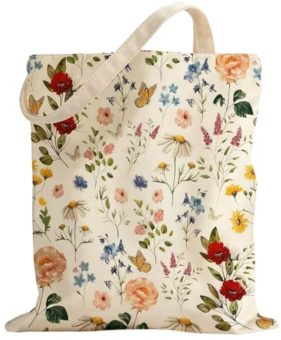 Crilemonis Floral Canvas Tote Bag for Women, Reusable Washable Foldable Shopping Bag with Double-Sided Flower Print, Lightweight Shoulder Bag for Travel, Work, Grocery, Beach and Daily Use