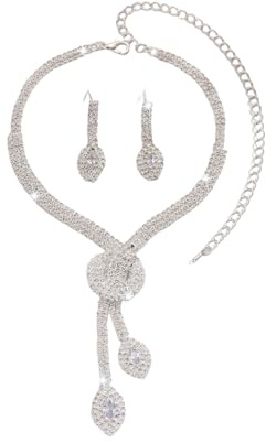 Vauki Juego de joyas de novia de plata para mujer con collar de diamantes de imitación y pendientes, brillantes de estrás para boda, juego de joyas para novia, collares de disfraces para mujeres