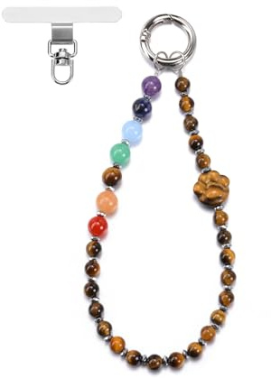 Jovivi Dragonne de Bracelet Téléphone, Cordon Téléphone Anti-perte Portable Bijoux Antichute avec Charmes en Cristal, Longue Chaîne Bohème pour Smartphone, Accessoire Élégant (Oeil de Tigre+Chakra)