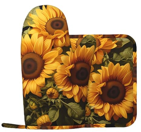 Con il set di guanti da forno e presine con girasole giallo. Set di guanti da forno e presine stampati, antiscivolo e resistenti al calore