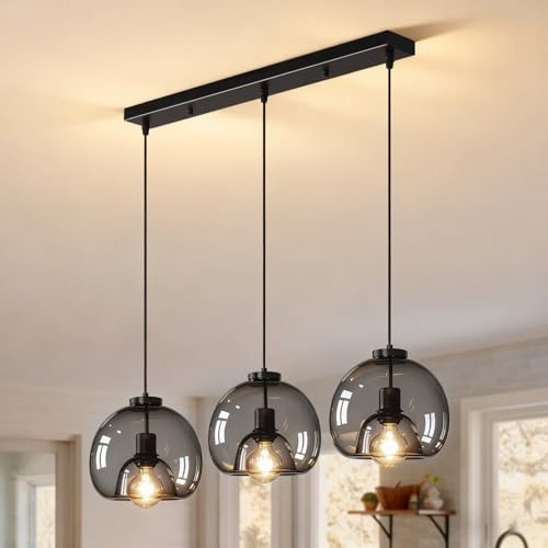 Suspension Luminaire en Verre Vintage, 3 Lampes Lustre Plafonnier E27 avec Abat-jour en Verre Noir, Rétro Lampe Suspension de Table à Manger, Eclairage de Plafond Pour Salon Cuisine Chambre à Coucher