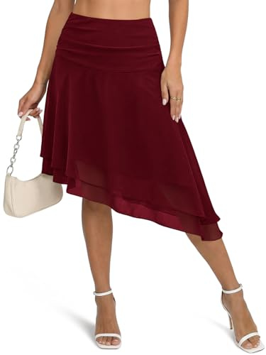 Wenrine Gonna da donna in tulle, in rete, asimmetrica, lunghezza al ginocchio, con volant, plissettata, a vita alta, minigonna, rosso vivo, S