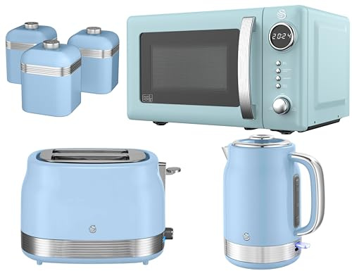 Swan Retro Revive Blue Kitchen Bundle Set – 1.7L Rapid Boil Kettle, 2 Slice Toaster, 800W 20L Digital Microwave and Tea, Coffee, Sugar Canisters. Retro Gloss Finish with Chrome Accents