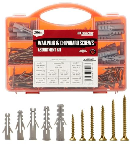 Brackit 206 Piece Drywall Plugs & Anchors Set – Heavy Duty Chipboard Screws Assortment Kit inc. Countersunk Pozi Drive Head Wood Screws – For Repairing, Drilling, Mounting, Building, Furniture and DIY
