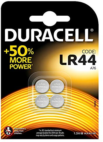 DURACELL LR44 (4 Pack) Specialty Alkaline Battery 1.5V (A76)– +50% EXTRA LIFE– For Thermometers, Flashlights, Watches, Security Systems & Medical Devices – 5–Year Storage Guarantee - Leak Prevention