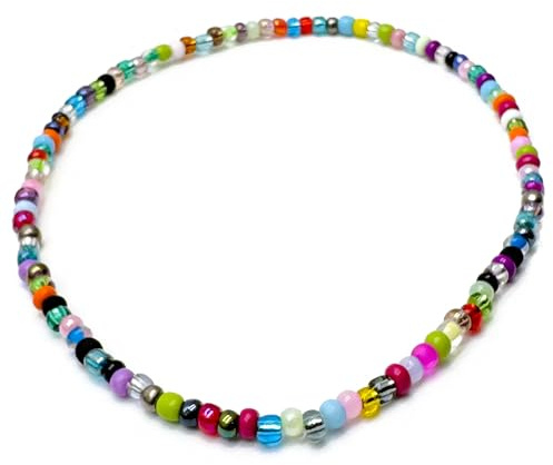 Extra Large XXL Plus Size Multi-Colour Glass Seed Bead Anklet on Elastic, Colourful Handmade Design : Size XXL 13 inches, Plus Size Beach Boho Jewellery for Women