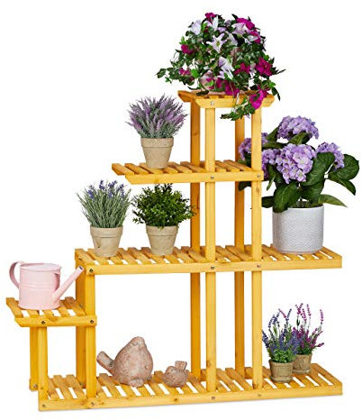 Relaxdays Blumenregal Holz, mit 5 Etagen, HBT: 94,5 x 104 x 25 cm, mehrstöckige Blumentreppe, innen, Wohnzimmer, orange