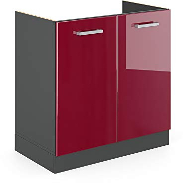Vicco Meuble Bas sous-évier R-Line, Rouge Brillant, 80cm | 2 Portes · Sans plan de travail · Pieds réglables en hauteur · Grand espace intérieur ✓ · Librement combinable