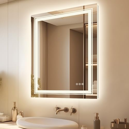 LUVODI Miroir Salle de Bain avec Prise: 80x60cm Miroir Lumineux avec Deux Bande LED Gradable Antibuée Interrupteur Tactile CRI95 IP65 Fonction Mémoire 3 Températures de Couleur Horizontal/Vertical