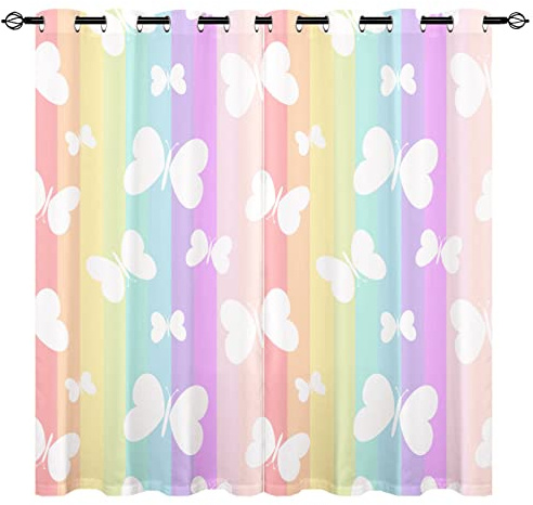 YUANZU Rainbow Butterfly Curtains - Girls Kids Cute White Butterflies on Colorful Stripes Print Pattern Eyelet Blackout Thermal Insulated Window Drapes for Living Room Bedroom 2 Panels W117cm x D137cm