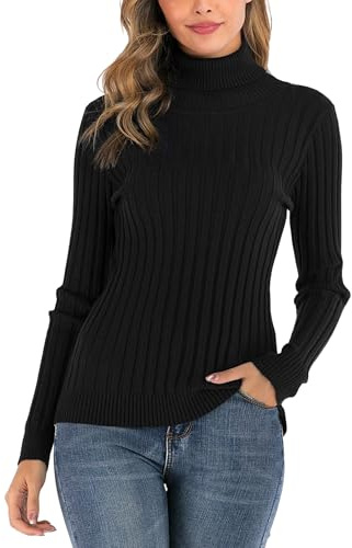 Yukiuiny Women Polo Neck Jumpers Turtleneck Sweater Rib-Knit Long Sleeve Pullover for Autumn Winter Christmas New Year,A-Black/XL