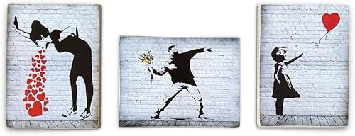 KUSTOM ART Set mit 3 Magneten (Magnete) Serie Banksy Vintage zum Sammeln Gemälde 2022 in der Ukraine in Kriegsgebieten Druck auf Holz 10 x 6 cm