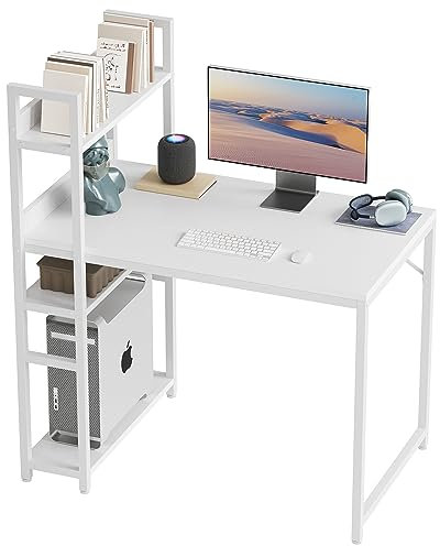 CubiCubi Schreibtisch, 100 x 50cm Groß Computertisch mit Regal rechts oder Links, Pc Gaming Tisch, Bürotisch fürs Büro Wohnzimmer, Stabil Stahlgestell schreibtische, Weiß/Weiß