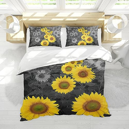 HOBBOY Graues 3-teiliges Bettwäsche-Set, gelbes Sonnenblumenmuster, Bettbezug mit Reißverschluss, 4 Eckbändern, 2 Kissenbezügen, langlebiges Bettbezug-Set 200x200 cm