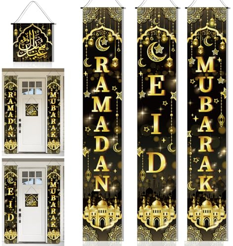 DPKOW Ramadan Deko Eid Mubarak Dekoration, 4 STK Ramadan Mubarak Banner Eid Mubarak Couplets Ramadan Mubarak Türdeko Haustür Eid Mubarak Willkommen Veranda Schild Ramadan Mubarak Deco Ramazan Süsleri