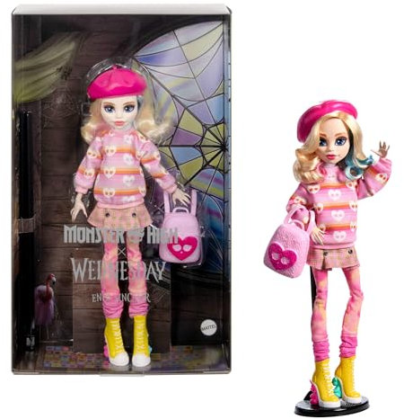 Monster High Mercredi, Enid Sinclair Poupée à collectionner dans une tenue rose avec béret et sac à dos, socle pour poupée, HXJ05