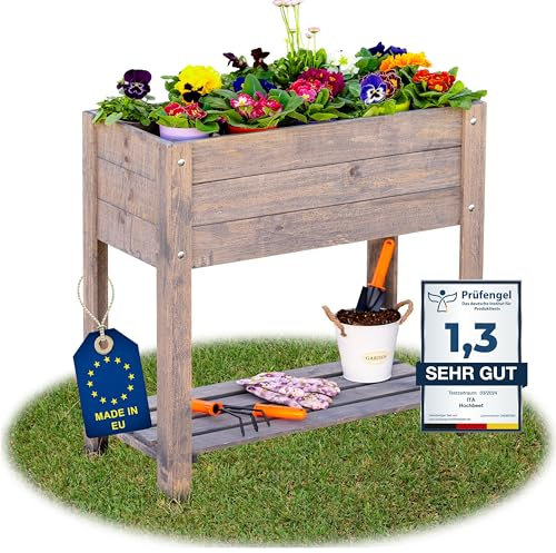 ITA Fioriera Rialzata 80x37x78 cm in Legno Grigio - Aiola con un Livello e un Ripiano Stabile - Perfetta per Giardino, Terrazza, Balcone - Qualità Diretta dal Produttore