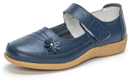Rusffes Womens Leather Mary Jane Shoes | Ladies Wide Fit Flat Shoes, Flower, Summer, Lightweight, Touch Fasten Walking Casual Sandals, Work Office Nurse Shoes
