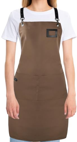 Fangehong Grembiule Cucina Donna, Grembiule Barbecue Uomo, Grembiuli Regolabili con 2 Tasche, Grembiuli da Chef Neri per Cucina, Ristorante, Caffetteria (Marrone)