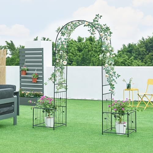 casa.pro Pergola Barisciano med 2 planteringskärl trädgårdsbåge metall svart med blomkruka 220 x 202 x 50 cm svart