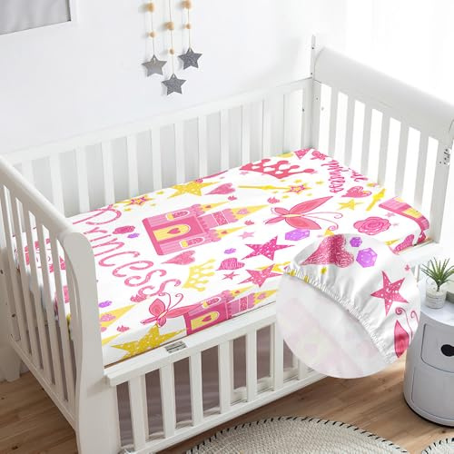 Odot Cartoon Spannbettlaken für Kinderbett, Babybett, Spannbetttuch aus Mikrofaser, Baby Bettlaken Bassinet Kinderwagen Matratzenschoner, Atmungsaktiv, Pflegeleicht (Rosa Schloss,70x140cm)
