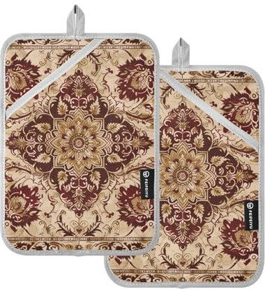 KLL Ofen-Topflappen, hitzebeständige Topflappen mit Taschen, für die Küche, 24,9 x 17,8 cm, Vintage-Stil, Tribal-Stil, Boho-Stil, Bohemian-Stil, 2 Stück