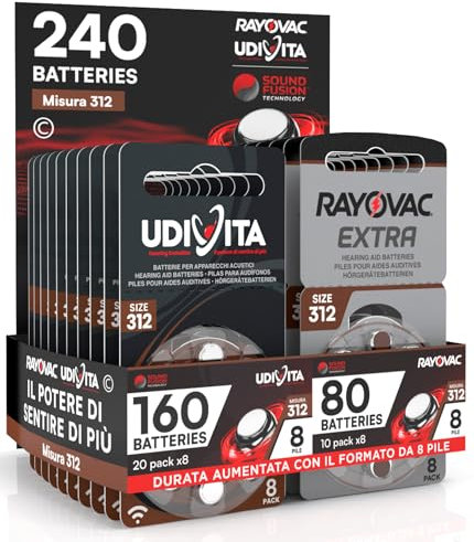 240 Piles pour appareils auditifs Taille 312 PR41 (Marron) avec Technologie Sound Fusion - 240 Piles : 160 Udivita + 80 Rayovac