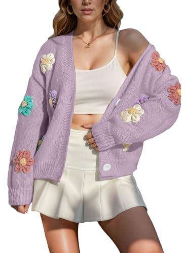 ANUFER Dam härlig blomma virkad tröja V-ringad button down långärmad stickad cardigan toppar, Lila, XL