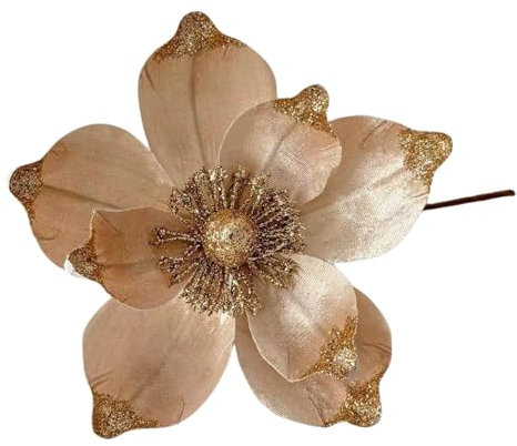 Uixxducc 6/12 Stück Glitter Weihnachtsblumen Dekoration, Künstliche Weihnachtsbaumschmuck Ornament, Weihnachten Blumen Dekor, Christbaumanhänger (Champagner,6pcs)